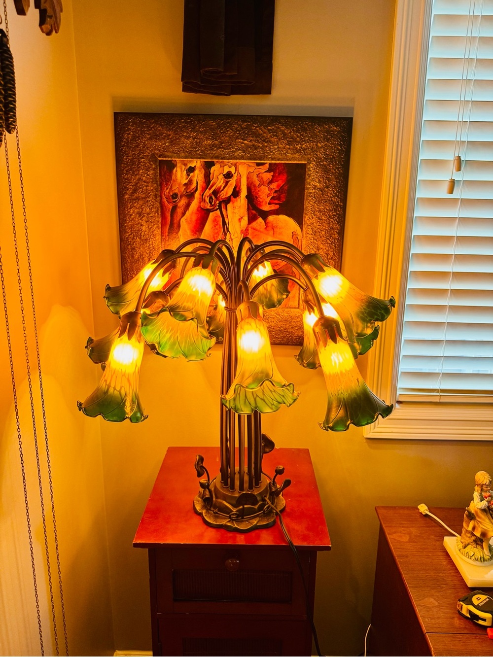 Vintage Green Glass Floral Table Lamp - Unbranded